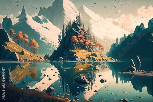 illustration of a landscape  sunset in the mountains  Generative AI