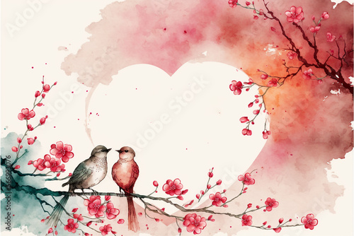 Abstract watercolor painting with hearts, flowers and pinks. Birds perch gracefully on blooming branches. Stimulate love and romance