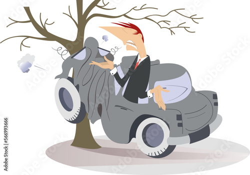 Car smashed into a tree. 
Man in the crashed car smashed into a tree. Isolated on white background
