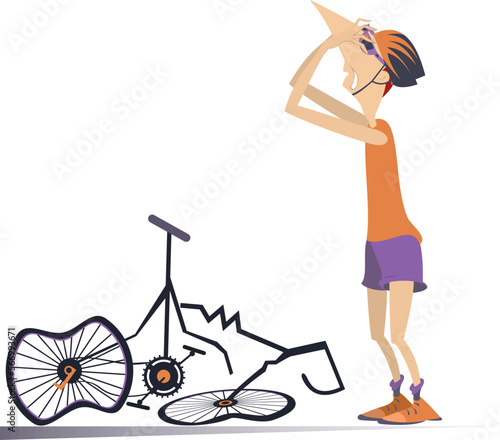 Sad cyclist man and broken bike illustration. 
Upset cyclist young man holds hands on the face standing near a broken bicycle. Isolated on white background
