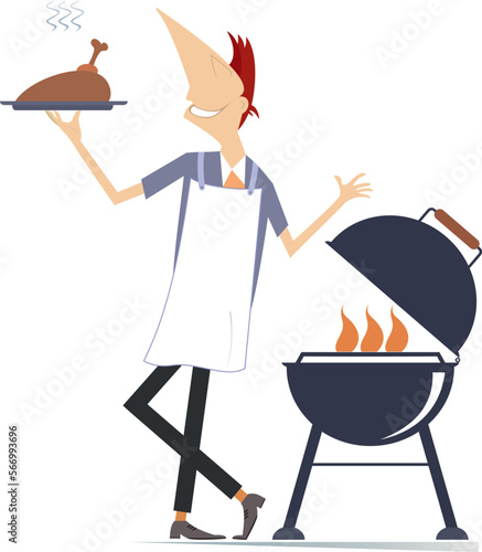 Smiling man preparing meal on fire.
Cheerfulness young man frying meat, duck or chicken on the grill. Isolated on white background
