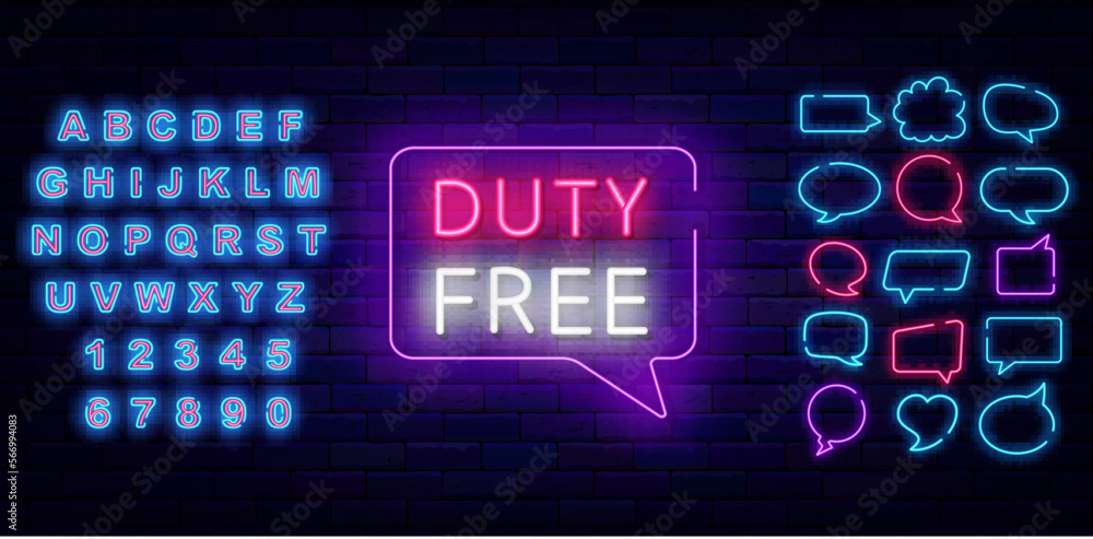 Duty free neon sign. Airport shopping. Special offer concept. Marketing promotion. Vector stock illustration Duty free neon sign. Airport shopping. Special offer concept. Marketing promotion. Vector stock illustration