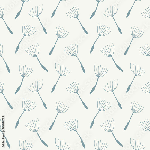 Floral seamless rhythmic pattern with blue dandelion seeds on light background. For textile  paper  gift wrap decoration. Isolated vector.