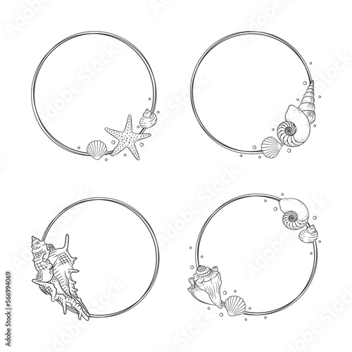 Seashells frame set. Sea and ocean hand drawn design template. Vector illustration summer or beach party advertising design