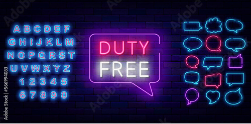 Duty free neon sign. Airport shopping. Special offer concept. Marketing promotion. Vector stock illustration