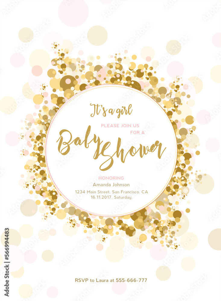 Festive template for holiday designs, card, invitation, party, birthday, wedding, baby shower, bridal shower, save the date, anniversary. Confetti splash, pink, gold.