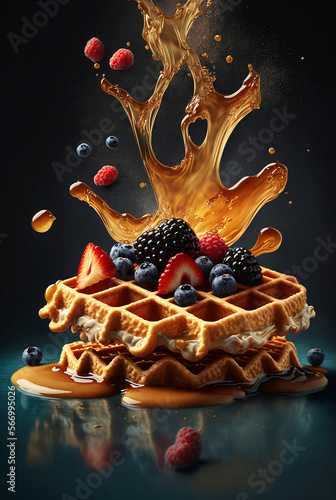 viennese waffles with fruit and berries on dark background