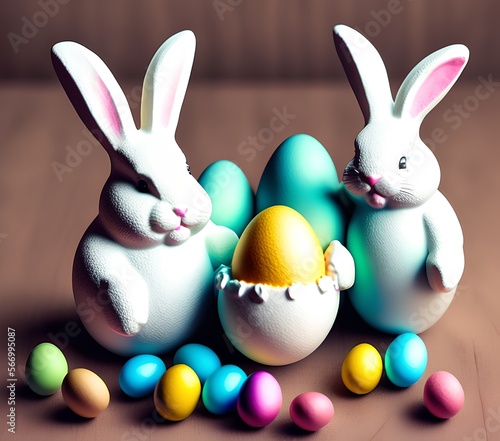 Easter Bunny Figures in Egg, Generative AI Illustration © pandawild