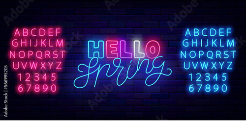 Hello spring neon sign. Glowing lettering. Season evening. Light blue and pink alphabet. Vector illustration
