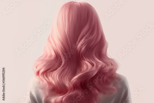 luxurious long pink female hair from the back on pastel background