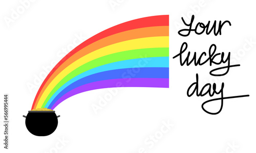 Cauldron, rainbow and gold coins. You lucky day. Vector illustraiton for banner or card. 
