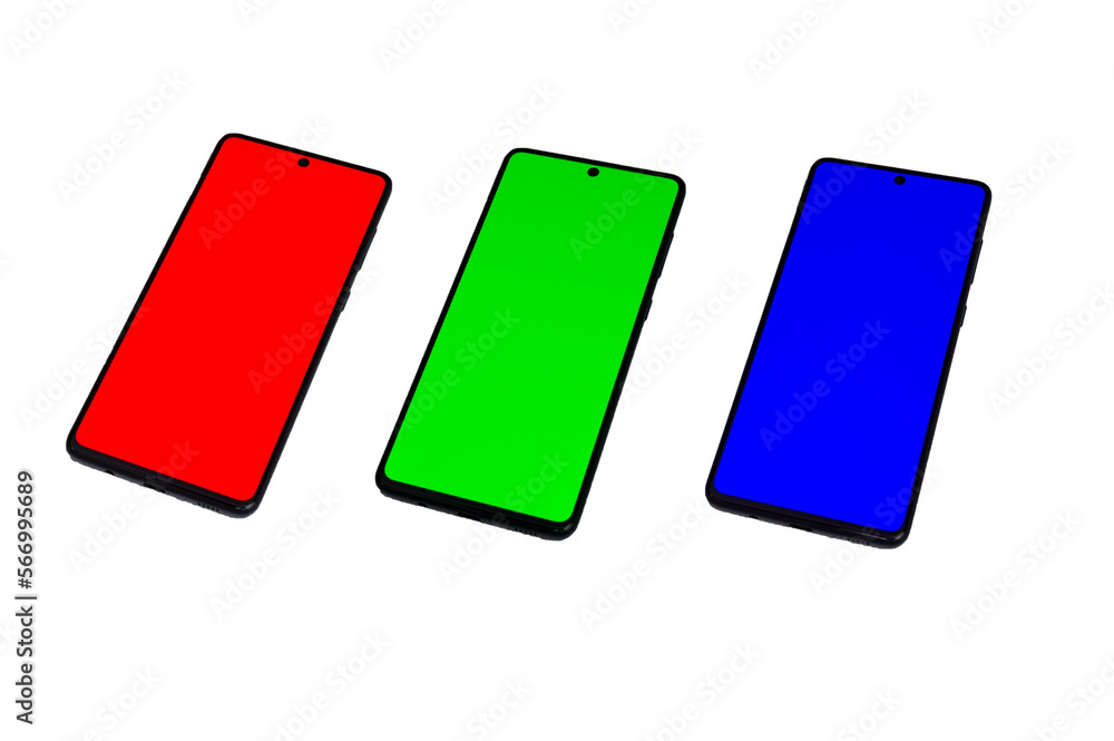 smartphone with screen blue, red, green, with clipping path smartphone with screen blue, red, green, with clipping path