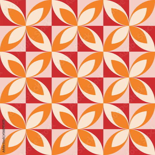 Mid Century modern orange geometric leaves seamless pattern on red and white squares. For retro posters  home decor and textile 