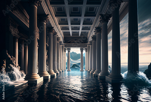 huge white pillared hall flooded with water