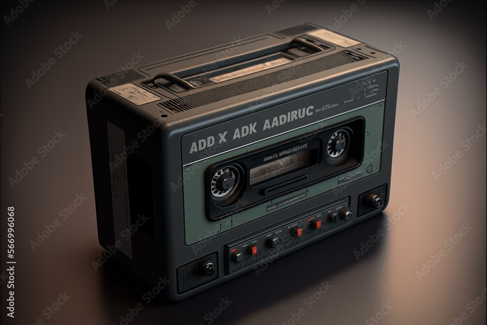 Fototapeta premium Audio cassette player, player, tape, record, retro, vintage, detail, high resolution, equalizer, singer, performer, bass, music genre, disco, party, leisure, old-fashioned, boombox. AI