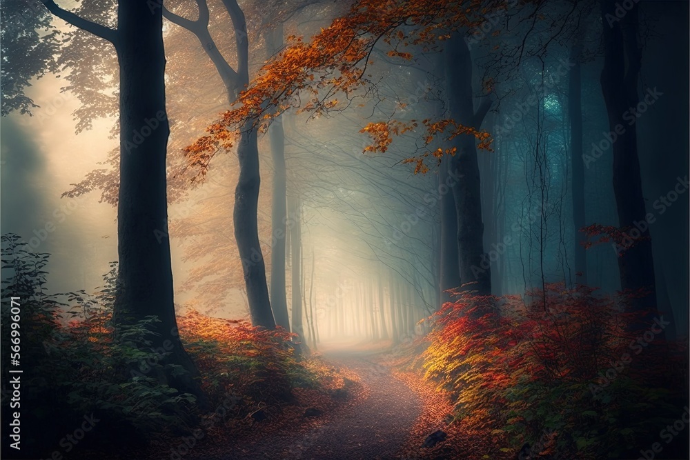 Winding path of the autumn forest in high resolution, calmness, loneliness, walks in the fresh air, alone with nature, fog, dew, bushes, painting, wallpaper, design, flora, season, illustration. AI