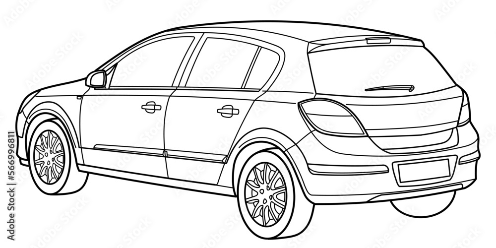Outline drawing of a hatchback car from rear and side 3d view. Classic style. Vector outline doodle illustration. Design for print or color book.