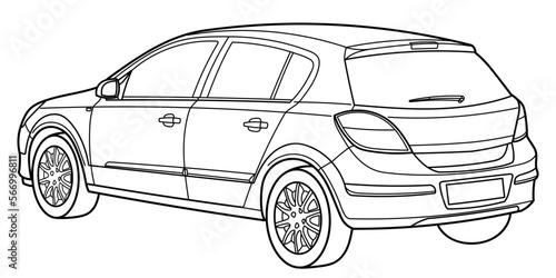 Outline drawing of a hatchback car from rear and side 3d view. Classic style. Vector outline doodle illustration. Design for print or color book.