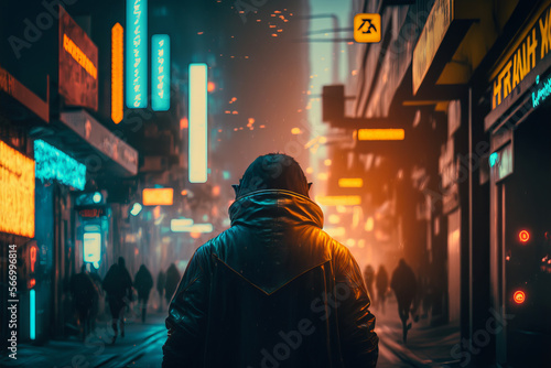 futuristic cyberpunk streets and buildings with light and fog illustration background created with a Generative AI technology 
