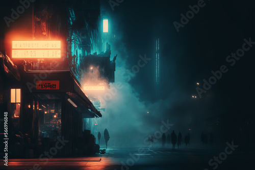 futuristic cyberpunk streets and buildings with light and fog illustration background created with a  Generative AI technology  © jim
