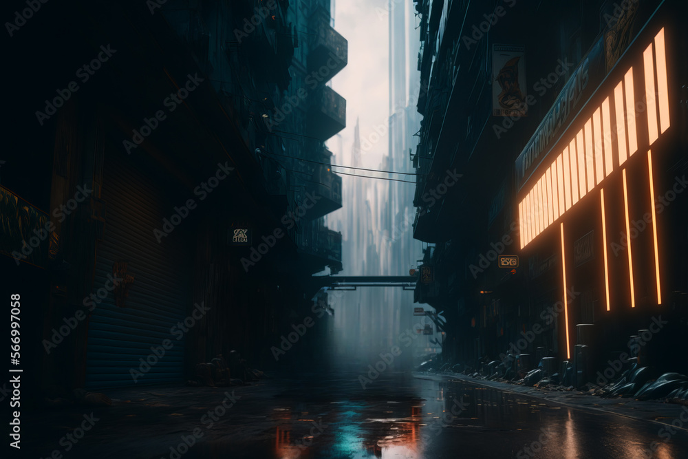 futuristic cyberpunk streets and buildings with light and fog illustration background created with a  Generative AI technology	