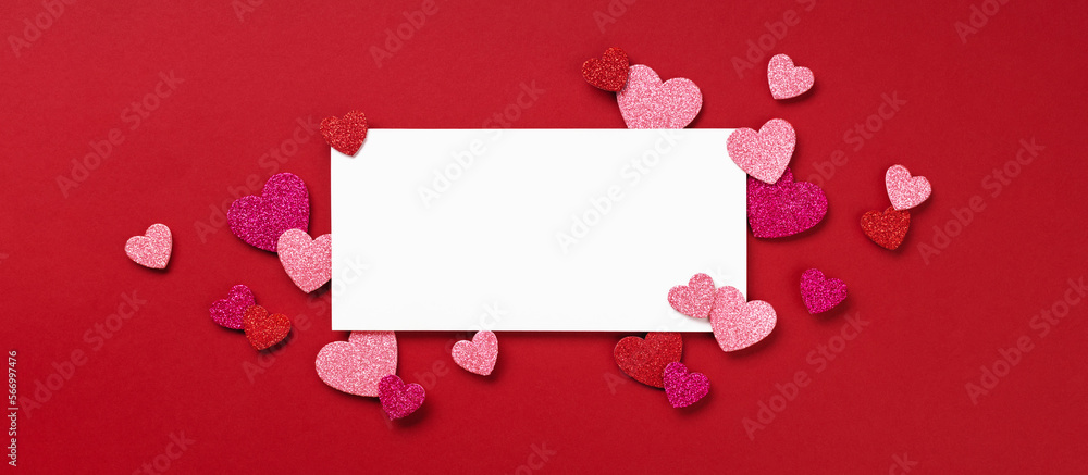 Valentine's day mockup with red and pink hearts on red background. Banner for 14 February.