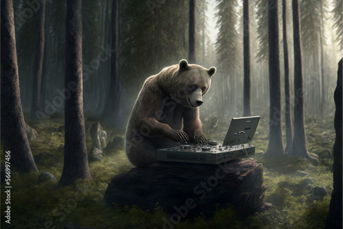 big brown bear in the forest sits at a laptop