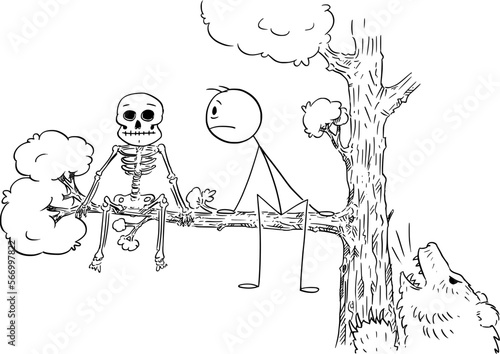 Person Sitting on Tree Watching Skeleton Beside , Vector Cartoon Stick Figure Illustration