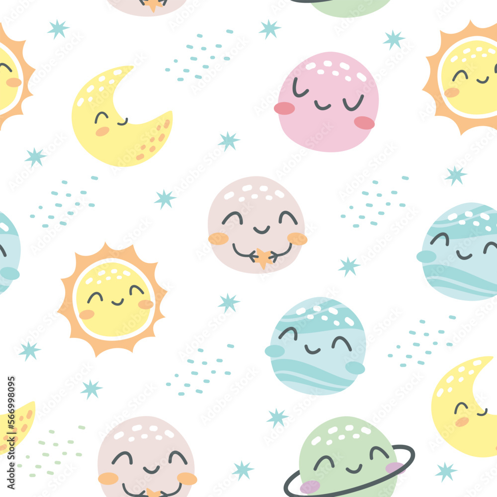 Seamless vector pattern. Children's pattern for printing on products. Cute planets with smiling faces. 
