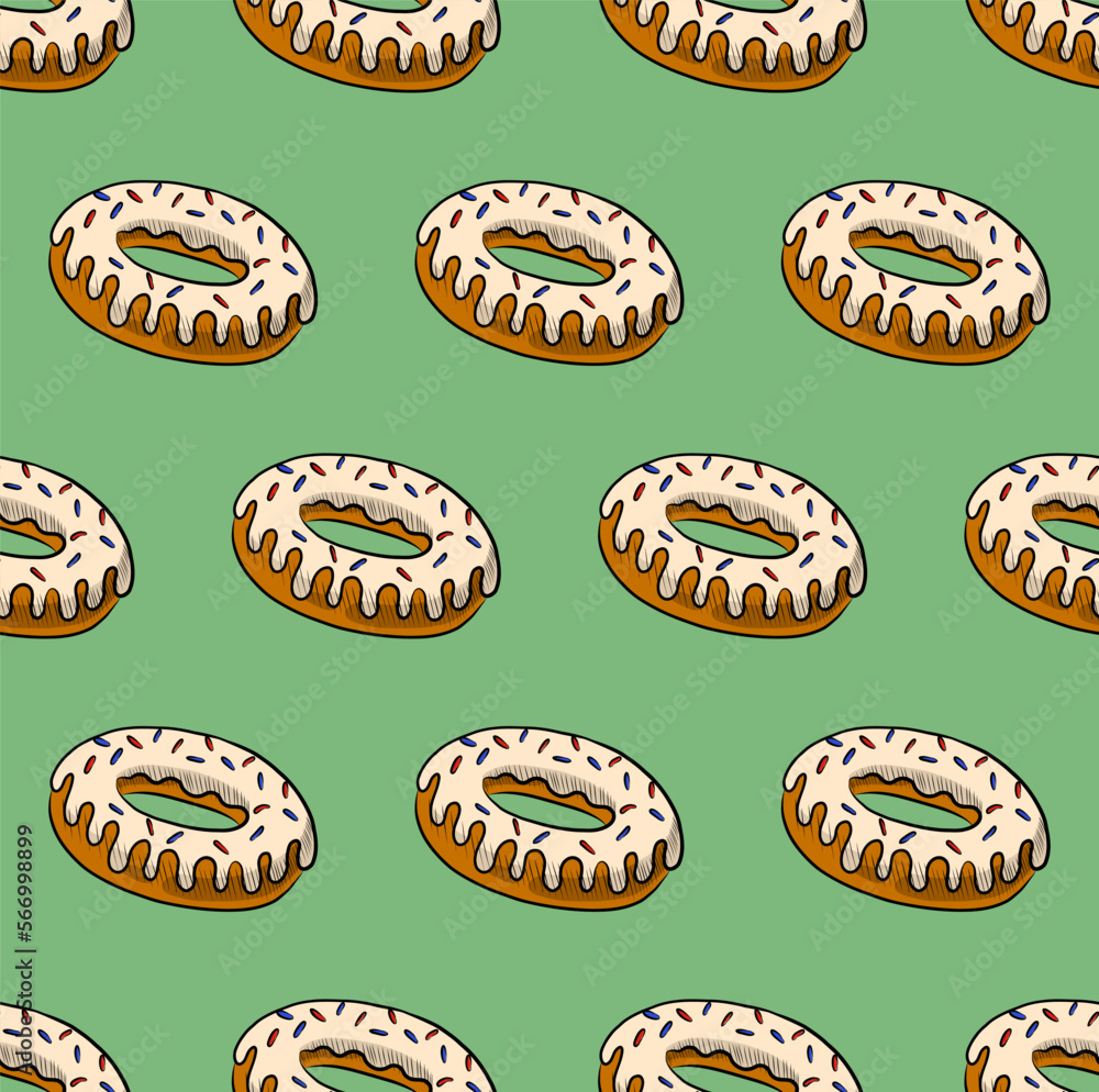 MINT GREEN SEAMLESS VECTOR BACKGROUND WITH MOUTH-WATERING DONUTS WITH WHITE FUDGE MINT GREEN SEAMLESS VECTOR BACKGROUND WITH MOUTH-WATERING DONUTS WITH WHITE FUDGE