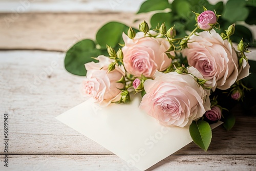 blank paper card with pink rose bouquet  idea for love theme concept background  Generative Ai