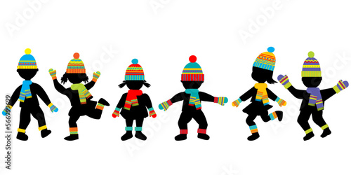 Hand drawing cartoon kids playing in winter cold weather clothing with colored scarfs, caps and mittens