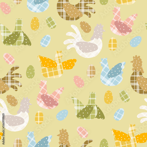 Chicken pattern with a checkered fabric texture. Chicken and rooster in different colors. Easter palette. Background for printing. Gift wrapping. Children's vector illustration