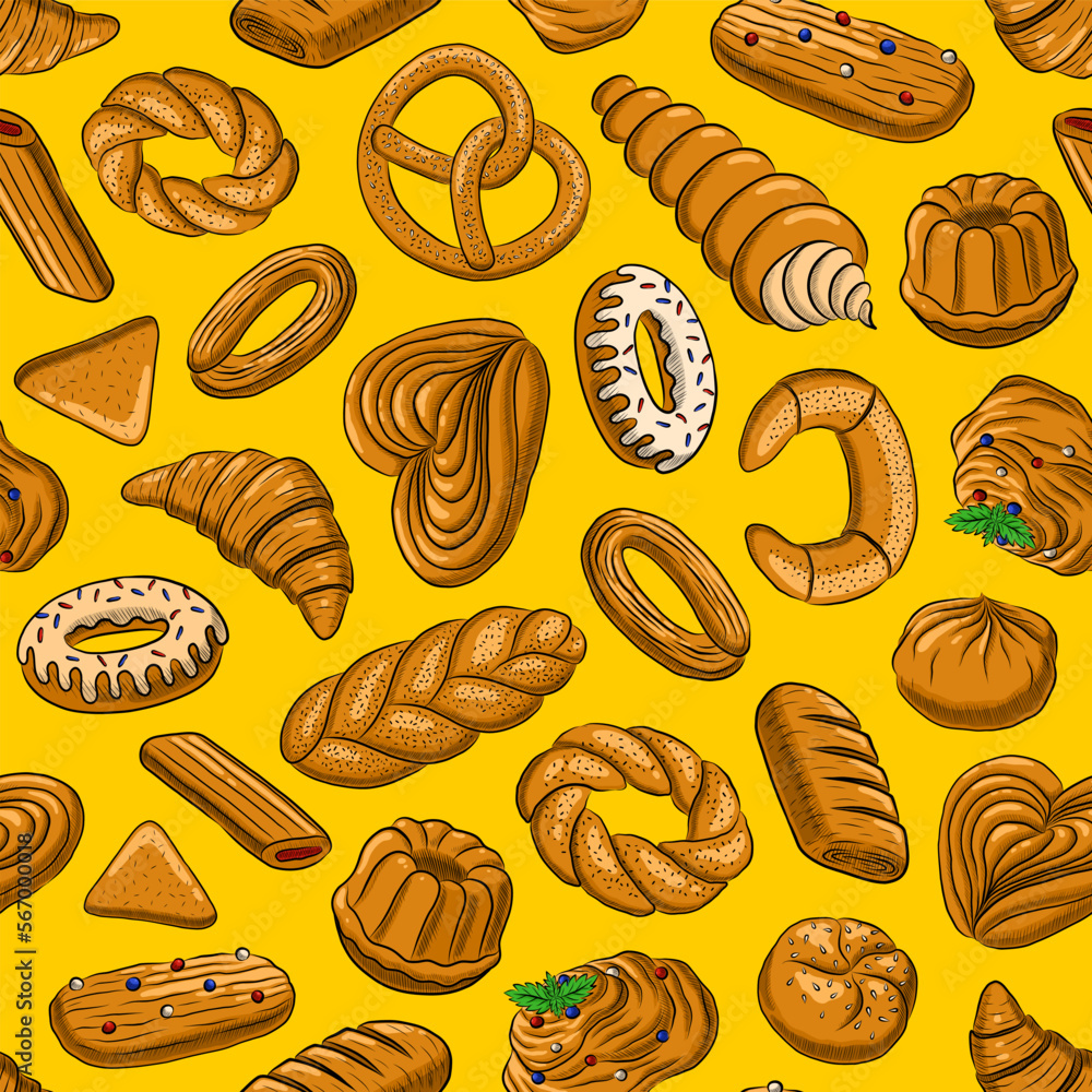 YELLOW SEAMLESS VECTOR BACKGROUND WITH DELICIOUS SWEET PASTRIES YELLOW SEAMLESS VECTOR BACKGROUND WITH DELICIOUS SWEET PASTRIES