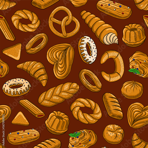 BURGUNDY SEAMLESS VECTOR BACKGROUND WITH DELICIOUS SWEET PASTRIES