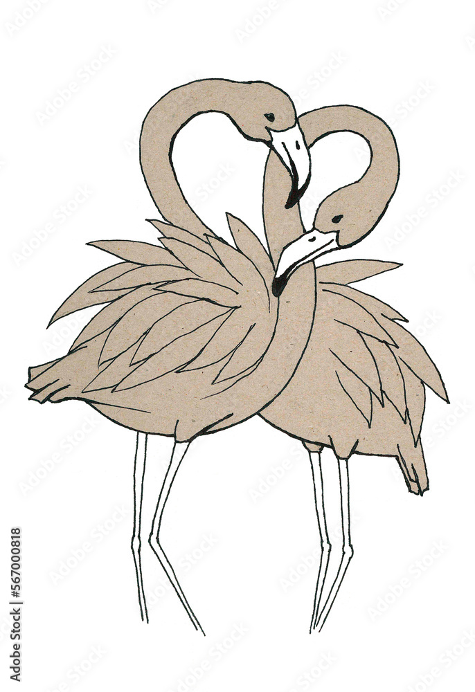 Obraz premium Cartoon flamingos with fluffy feathers in a gentle embrace. A traditional stylized pattern for a cozy fashionable Valentine's Day decor. Isolated image of cute birds as a symbol of love and tenderness