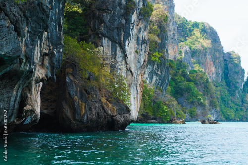 Sea lagoon and green rock in Thailand. Traveling and vacation concept.