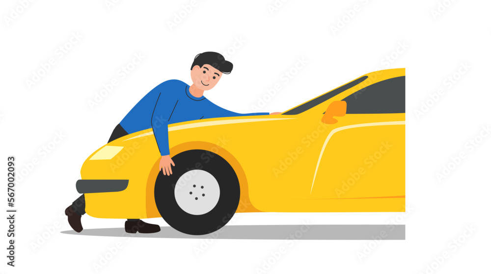 Young happy man embracing his new car.  Vector illustration