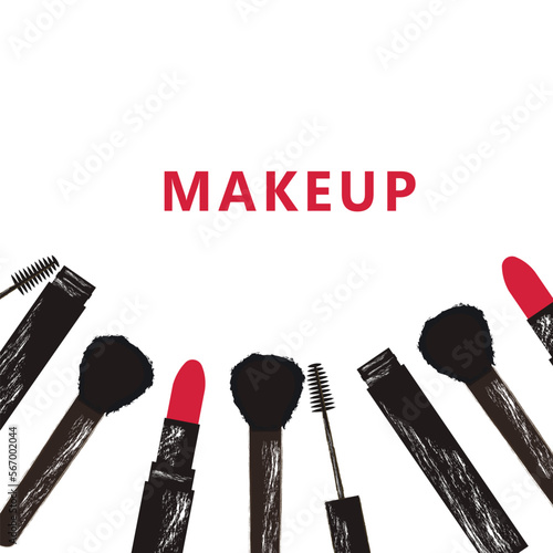 Make-up set. Compact powder, red lipstick, mascara, black eyeliner isolated on white background