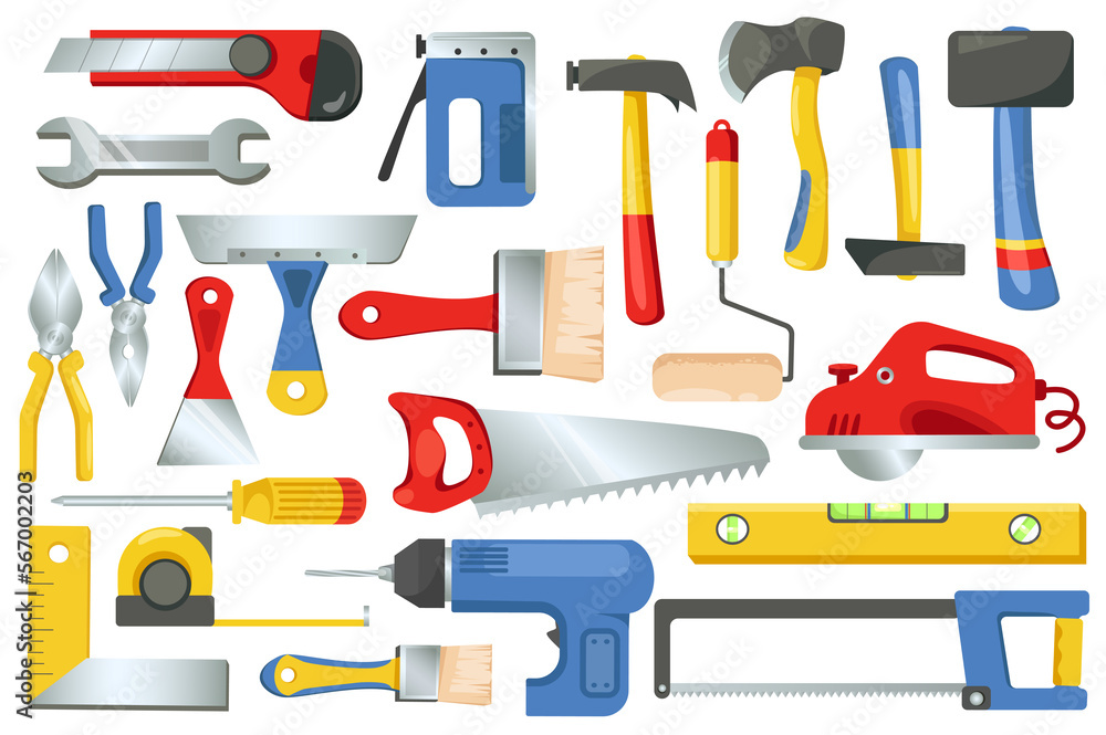 Building and repair tools set graphic elements in flat design. Bundle of hammer, paint roller, axe, tape measure, brush, wrench, pliers, screwdriver, saw and other. Illustration isolated objects Building and repair tools set graphic elements in flat design. Bundle of hammer, paint roller, axe, tape measure, brush, wrench, pliers, screwdriver, saw and other. Illustration isolated objects