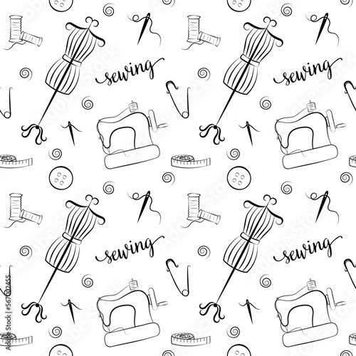 Sewing seamless pattern. Vector black and white background. Needlework illustrated elements. Various sewing tools outline. Embroidery and tailoring equipment, appliances