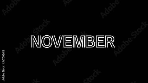 November animation text. Name of month with transparent background. Alpha channel. November lettering.