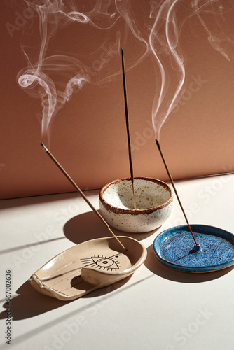 Quadro su tela A set of burning incense for yoga or meditation