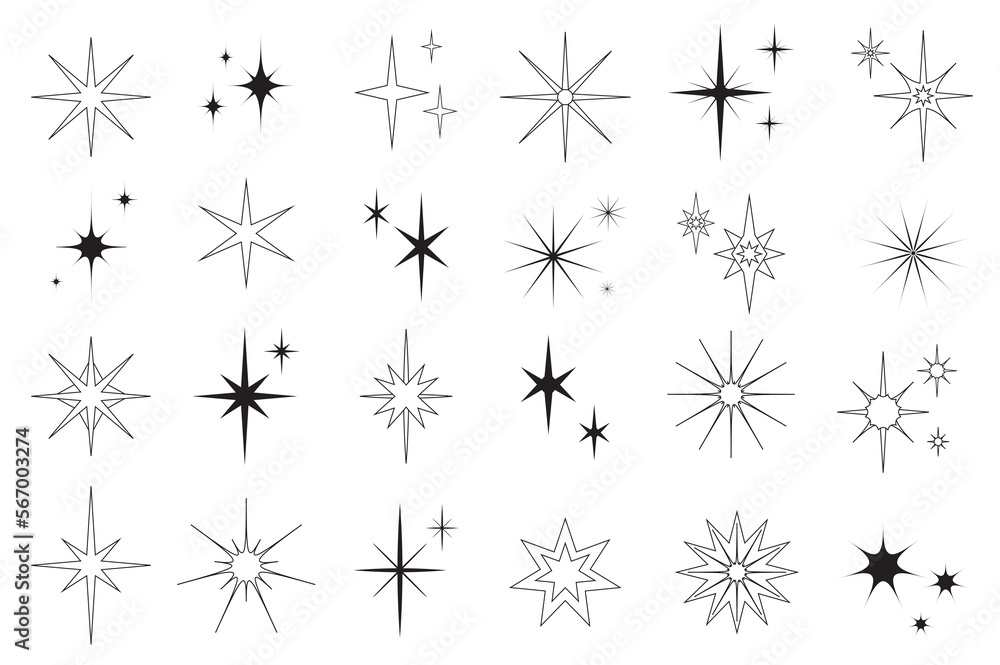 Line stars set graphic elements in flat design. Bundle of minimalistic linear black symbols of starry night, falling star, firework in sky, Christmas decorations. Illustration isolated objects Line stars set graphic elements in flat design. Bundle of minimalistic linear black symbols of starry night, falling star, firework in sky, Christmas decorations. Illustration isolated objects