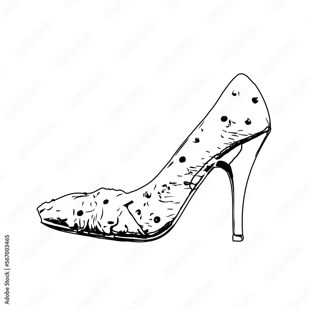 Black and white sketch of a woman's shoe design with transparent background Black and white sketch of a woman's shoe design with transparent background