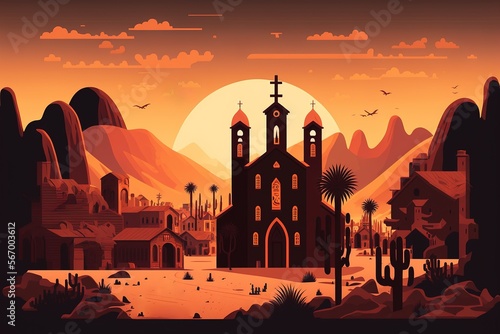 Old town western cowboy city with sunset background  old wooden buildings and mountains flat vector art illustrations generative ai