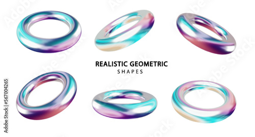 Holographic torus shapes set isolated on white background PNG. Gradient holographic color realistic primitives . Abstract decorative vector figure for trendy design
