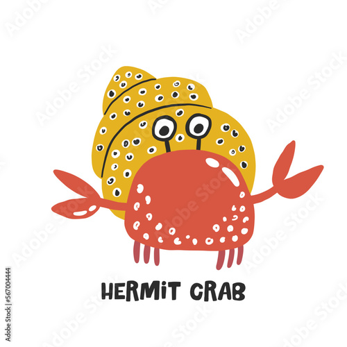 Hermit crab. Hand drawn vector cartoon illustration for kids. Amusing Sea Animal