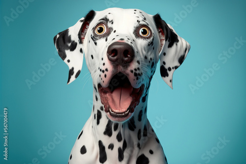 Studio portrait of a dalmatian dog with a surprised face, concept of Pet Photography and Dalmatian Breed, created with Generative AI technology photo