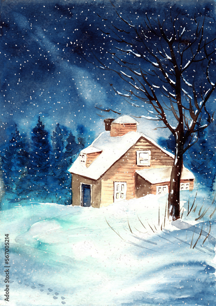 Watercolor illustration of a winter snowy landscape with a wooden house with luminous windows, a coniferous forest and a snow-covered meadow